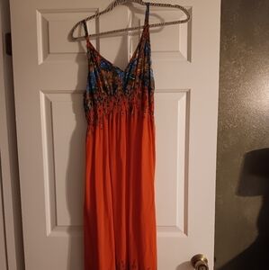 Boho Maxi Floral, Orange and Blue Women's Dress, Has Stretch Can Be Medium